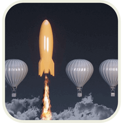 orange rocket between grey air balloons